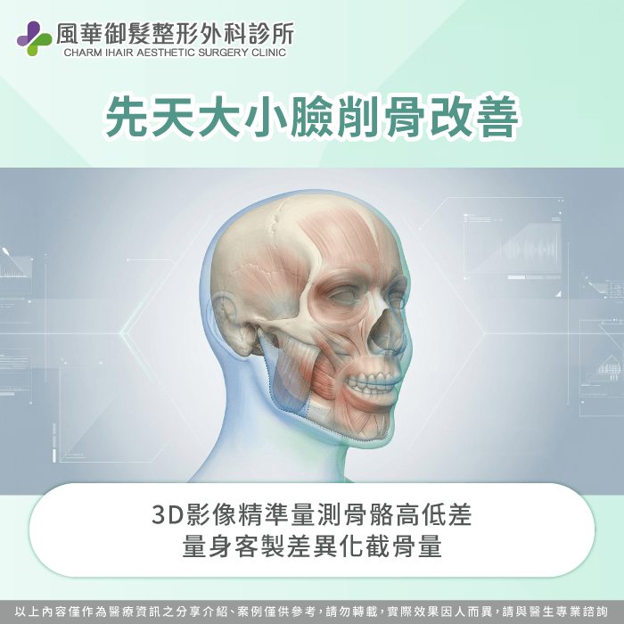 透過3D影像輔助,評估天生骨骼歪斜或下顎發育不均,量身制定削骨方案 先天臉型不對稱削骨評估-削骨臉型對稱